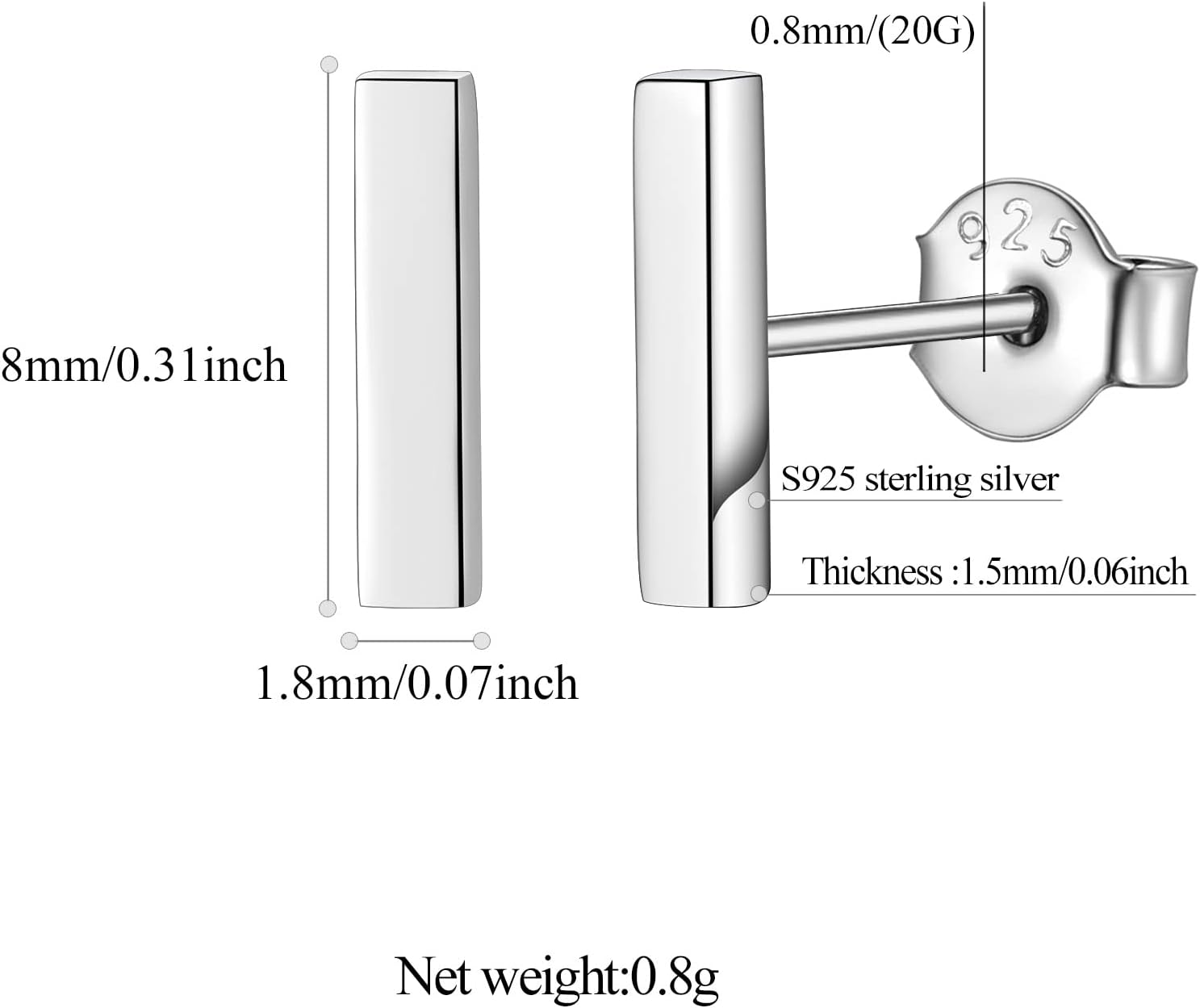 FindChic Hypoallergenic Sterling Silver Small Bar/Heart/Dot/Triangle/Butterfly/Lightning Studs Earrings Minimalist Geometric Jewelry Valentine Gifts for Women Men Girls, with Gift Box