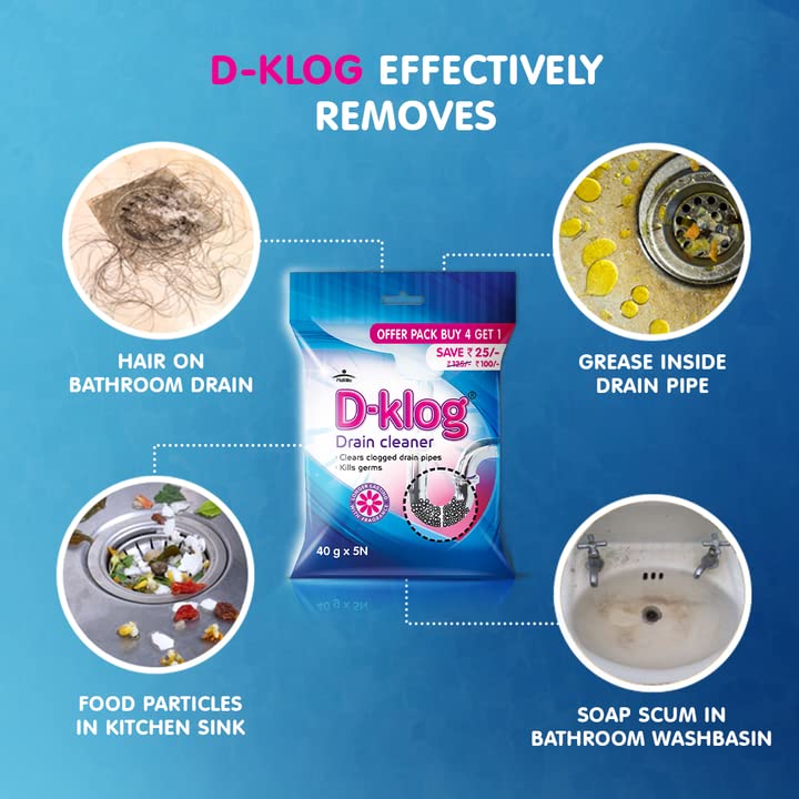 Pidilite-D-Klog-Drain-Cleaner-Powder-40g-x-5N-Removes-Clogs-Blockages-in-Washbasin-Septic-Tank-Sinks-Pipes-within-30-Minutes-Drain-Expert-No-Manual-Hassle-Drainage-block-and-Clog-remover