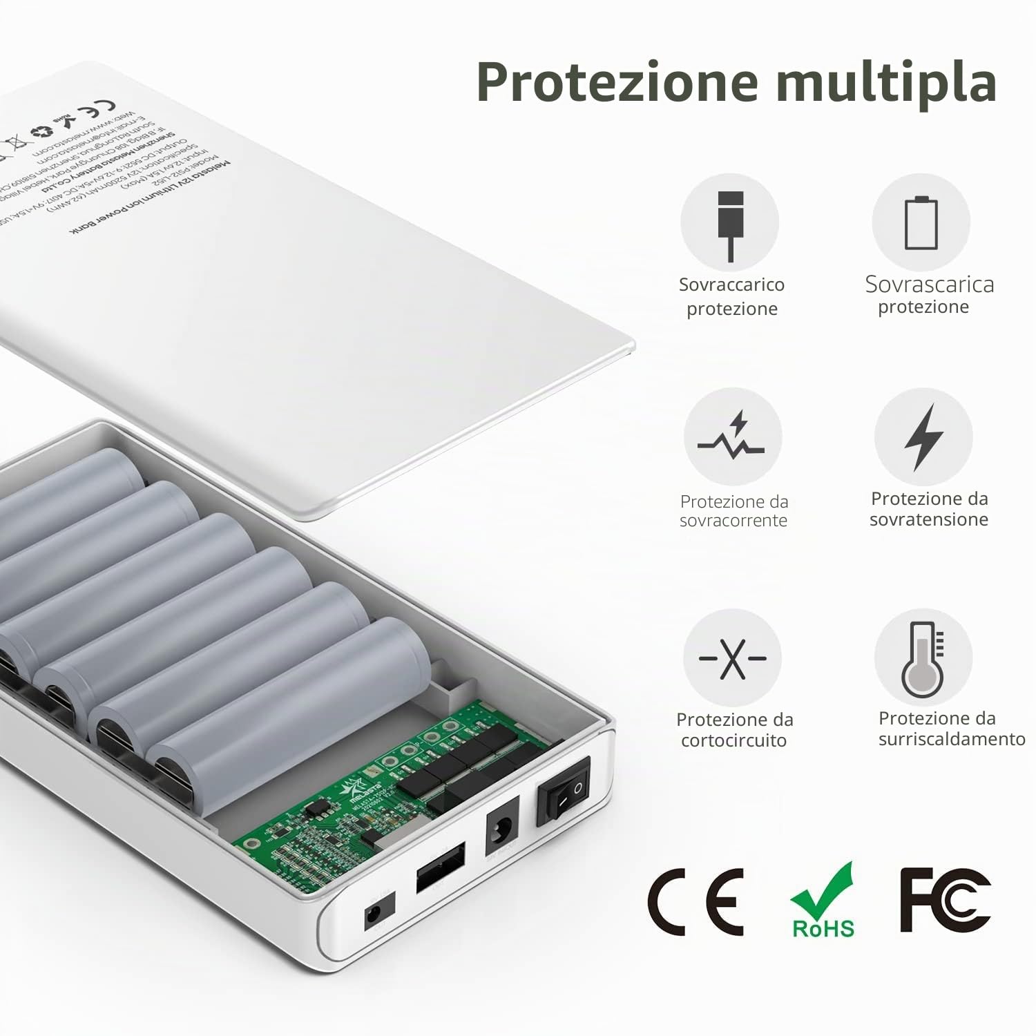 melasta Batteria Esterna 5200mAh 12V/5A/DC 9V/1.5A/DC 5V/2A USB Powerbank Compatibile con Display LED, 1 Ingressi e 3 Uscite Caricabatterie Portatile per Smartphone, Tablet, DVR auto, CCTV Telecamera