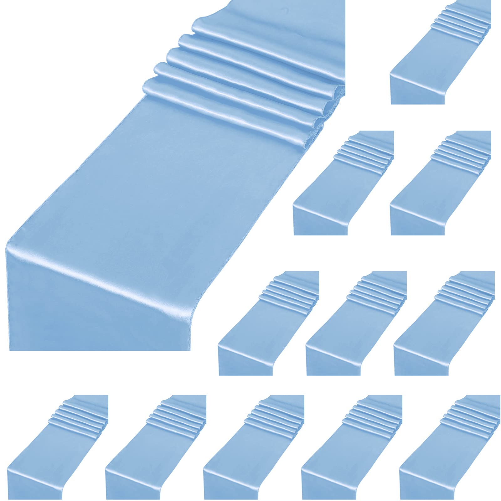 12 Pack Baby Blue Satin Table Runners 12 x 108 inches Long Silk Smooth Fabric Baby Blue Table Runner for Wedding Banquet Graduations Birthday Party