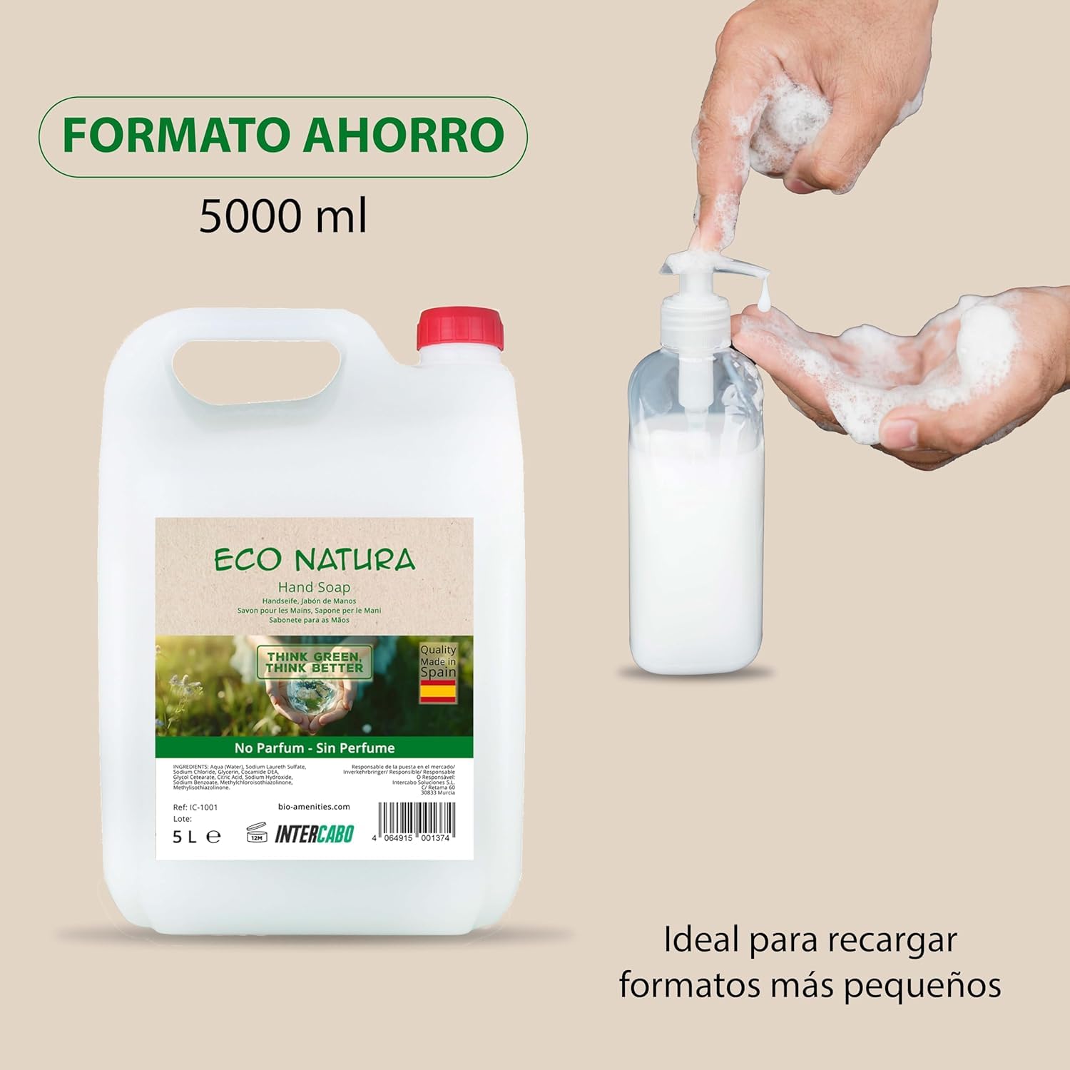 Sapone Mani Liquido 4 x 5 L Eco Natura • Ricarica Senza Profumo per Dispenser • Formula Delicata e Neutra • Per Hotel, Scuole, Uffici e Ambienti Professionali