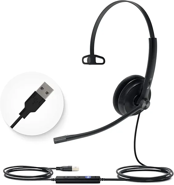Yealink UH34 USB Headset with Mic, Single Ear Wired Headphones with Noise Cancelling Microphones, Professional Work Headphones VoIP Phone Computer Call Center Office,Ultra Light Mono