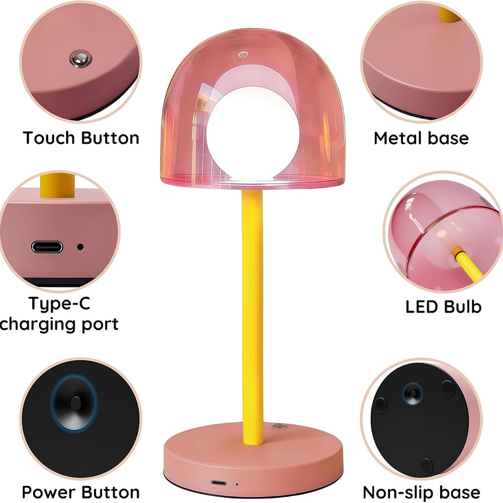Lampada da Tavolo LED a Forma di Fungo Senza Fili Ricaricabile tramite USB Luce da Tavolo Rosa Batteria Ricaricabile Regolabile Lampada a Fungo a Batteria 3000K-6000K Metallo + Acrilico