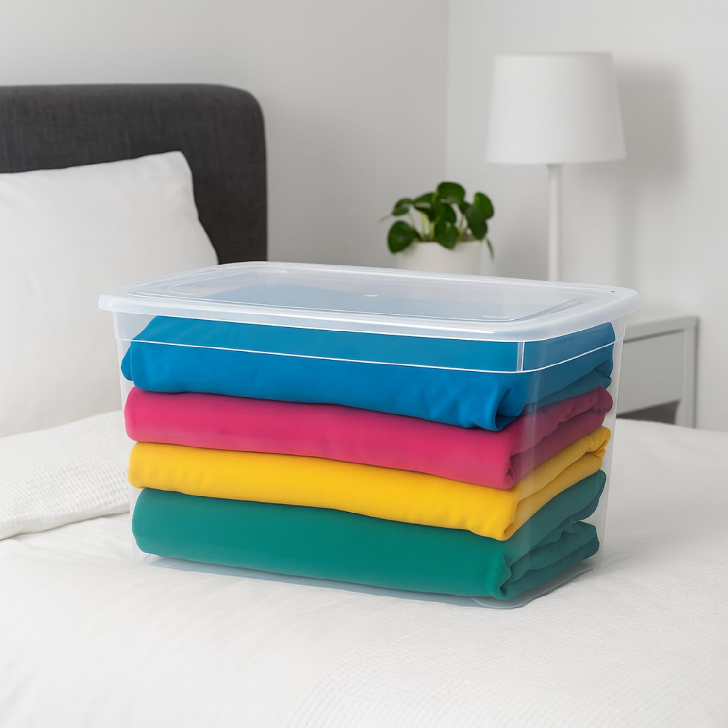 VIRSUS 8 Contenitori Multiuso Trasparente, misura 56x38,5x29 cm e capacità 43Lt, porta biancheria, coperchio chiusura a scatto, box salvaspazio impilabile armadio, accessori -672F