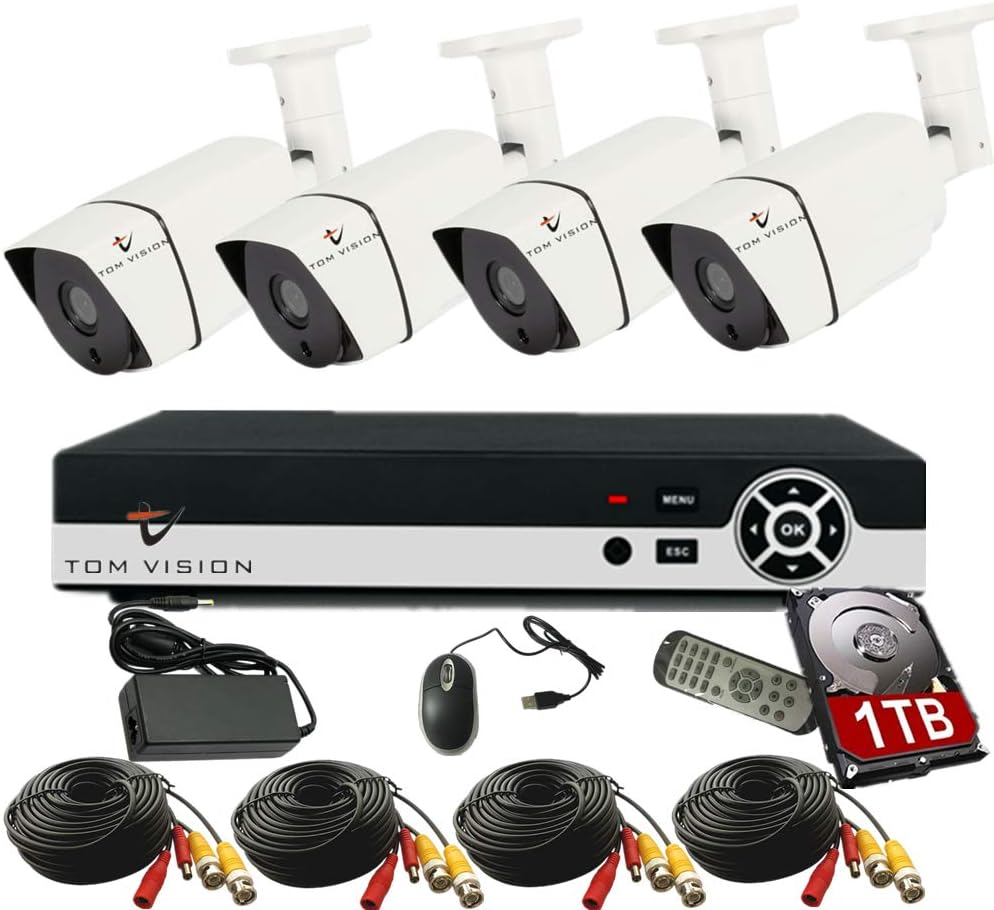 tomvision 4Channel AHD Camera KIT with 1TB Hard Disk 2.0MP/1080P CCTV Security Recording System CCTV Kit 4Pcs Outdoor Bullet Camera and P2P Cloud Alarm System Home Security