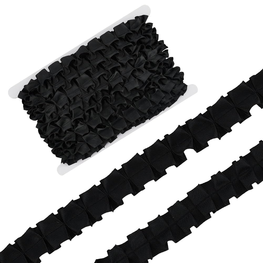 OLYCRAFT 9m Black Pleated Ribbon Trim 25mm Polyester Double Sided Ruffled Fabric Ribbons Ruffle Pleated Lace Trim with Empty Spools for Applique Sewing Crafts Home Decoration