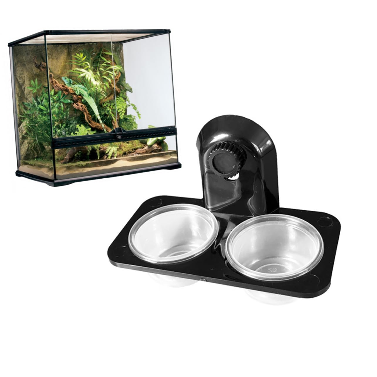 HEMOTON 1Pc Pet Reptile Feeder Bowl Plastic Dish for Water Food Double Compartment Design for Lizards Turtles Crickets Easy to Clean Durable Feeding Supplies Black