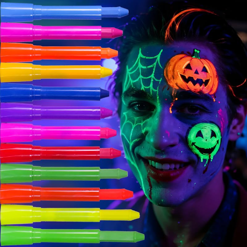 12 Pack Glow Face Body Paint Kits, Glow In The Dark Under UV Black Light, Neon Face Painting for Adults, Glow Party Supplies Rave Christmas Festival accessories