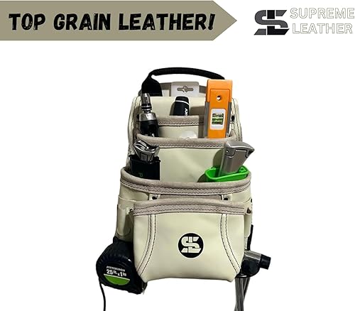 Miniatura 2 de Bolsa de herramientas de cuero curtido al aceite de 10 bolsillos con soporte de martillo de acero inoxidable para trabajadores de la construcción,