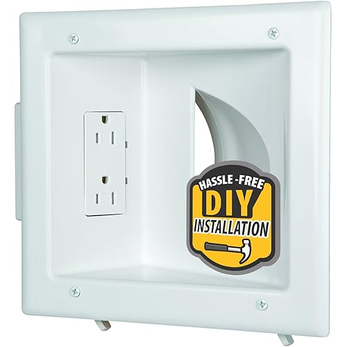 DATA COMM Electronic 45-0031-WH Recessed Low Voltage Media Wall Plate w/ Built-In Duplex Receptacle Outlet, Cable Management - Elevate Your Home Entertainment w/ Stylish White Panel
