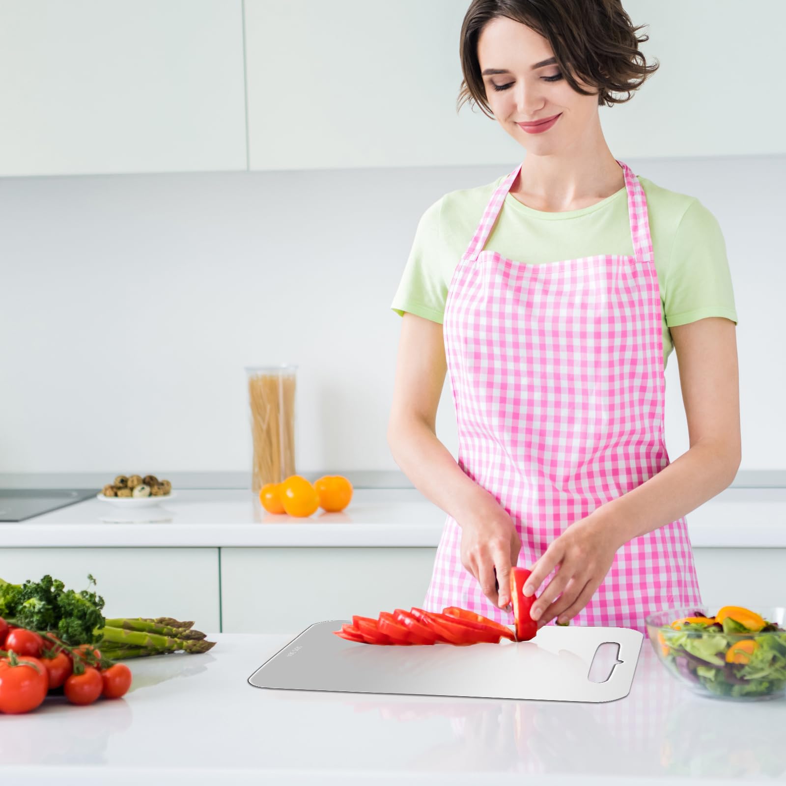 4 tablas de cortar de acero inoxidable 304 de doble cara con 4 paños de limpieza, aptas para lavavajillas, para cocina, carne, frutas y verduras