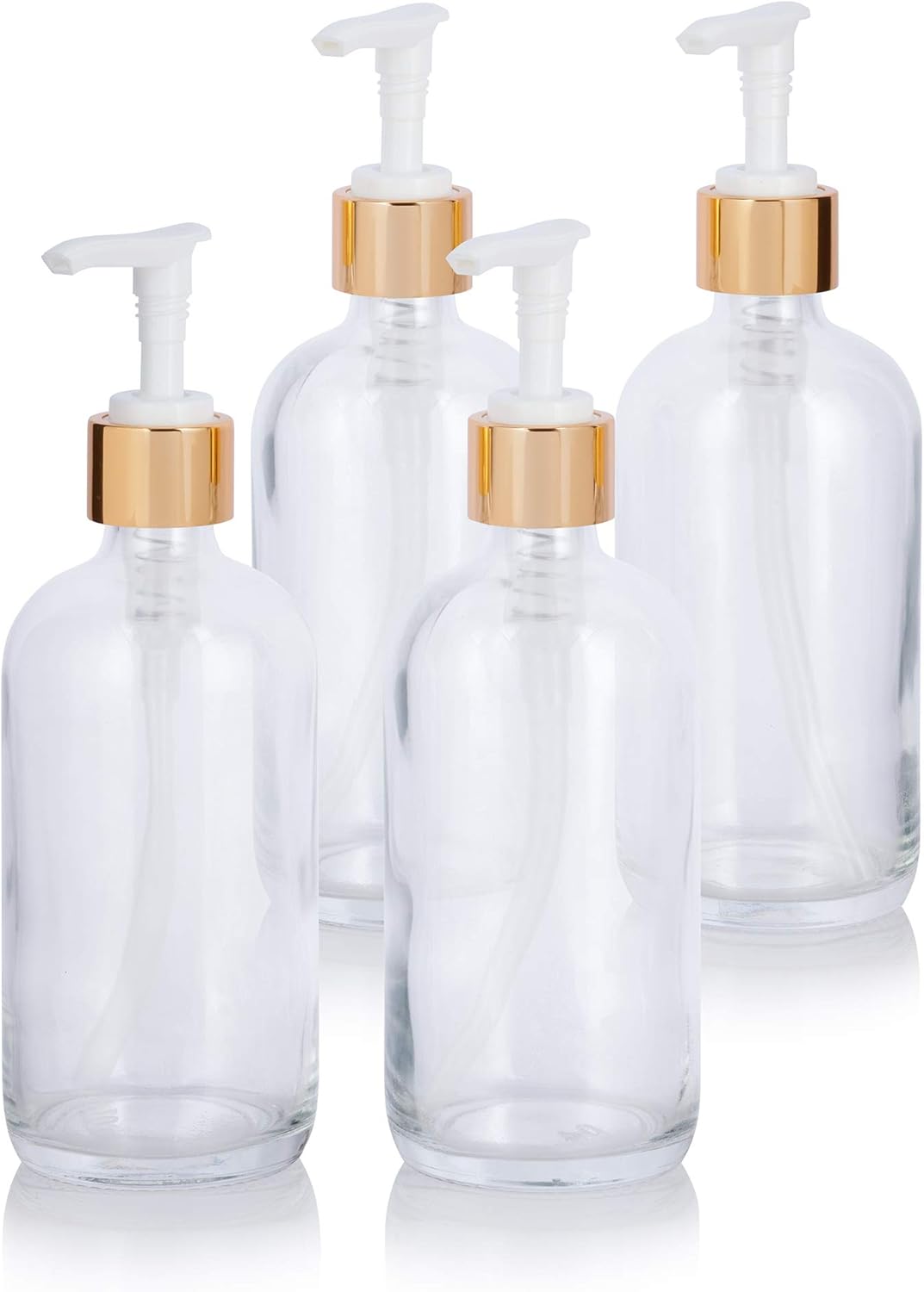 JUVITUS 8 oz Clear Boston Round Thick Plated Glass Bottle with Gold Lotion Pump (4 Pack)