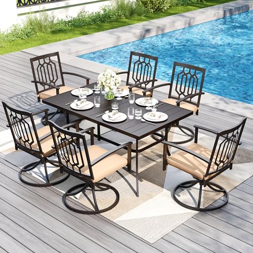 Image of PHI VILLA 7 Pcs Patio Dining Set for 6& Swivel Chairs | Rectangular Dining Table and 6 Swivel Patio Dining Chairs w / cushions for Outdoor Backyard Bistro Furniture Set