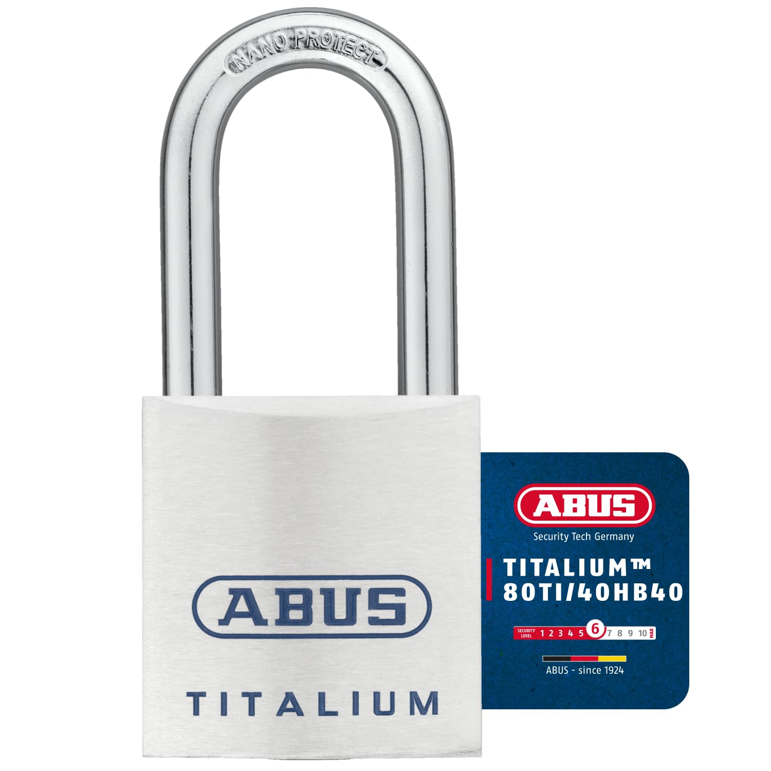 Abus 80Ti4040c 80Ti/40Hb40 Titalium Padlock 40Mm X 40Mm Long Shackle Carded