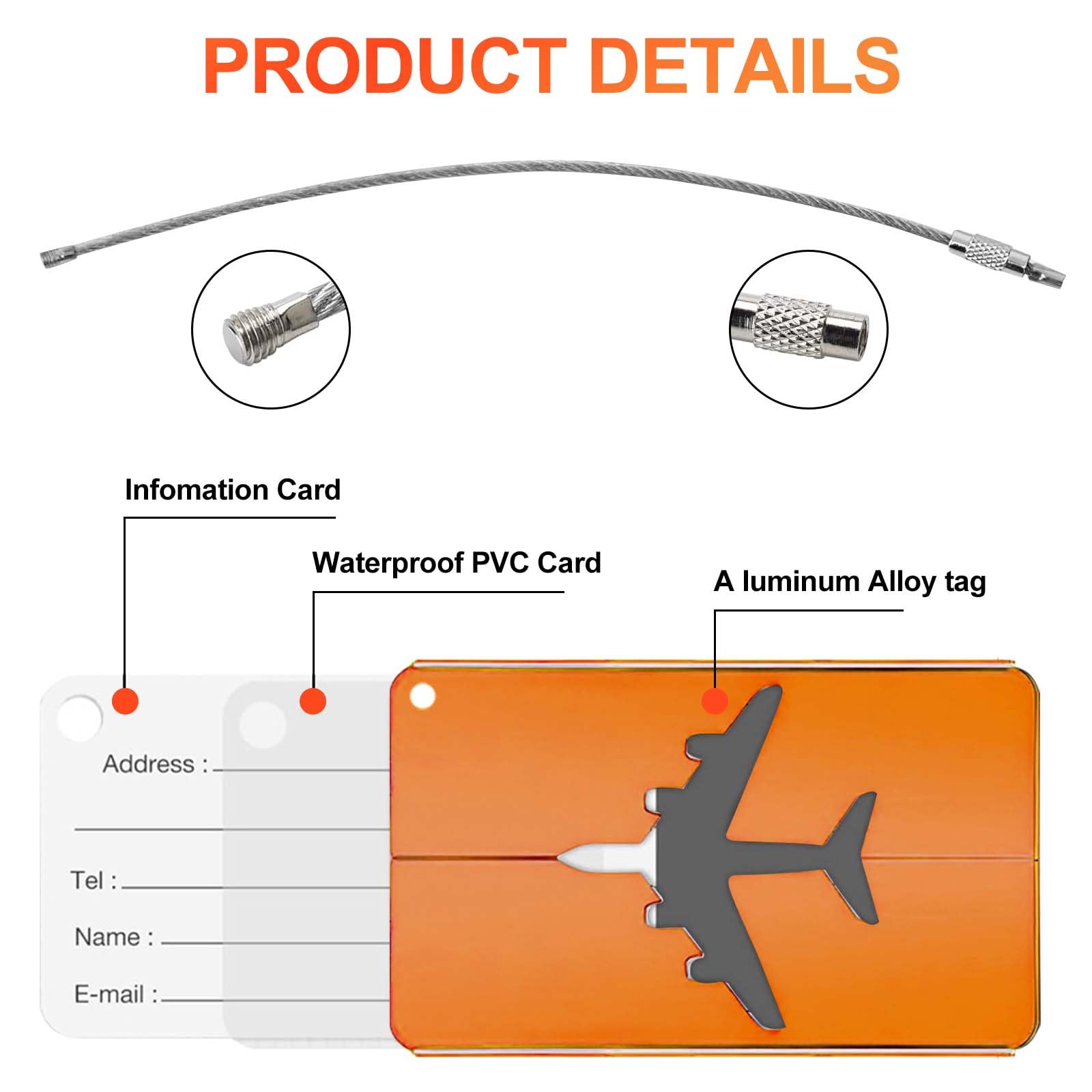 6 Piezas Identificador de Maletas de Aluminio, Etiqueta Maleta Viaje con Tarjeta para Información Personal y Anillos de Acero para Bolsas Equipaje Maletas y Mochilas, Naranja