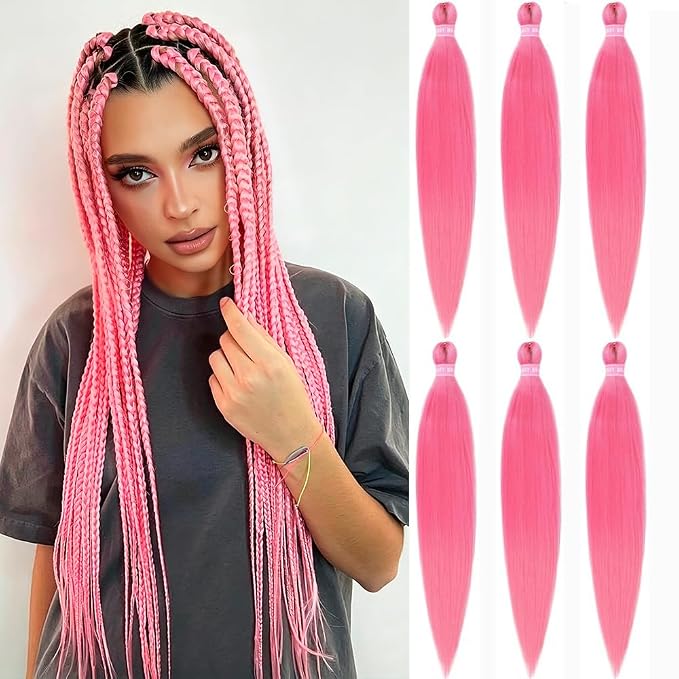 Pink Braiding Hair 26 Inch 6Pcs/Packs Pre Stretched Braiding hair Extensions Professional Synthetic Yaki Texture Braid Hair Hot Water Setting(Pink#, 26Inch)