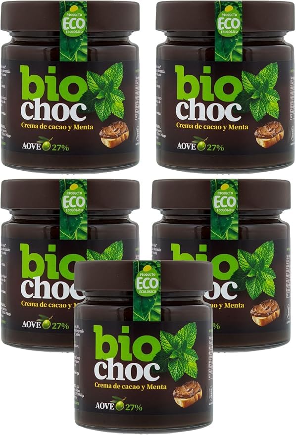 Biochoc - Menta - Crema de cacao con Aceite de Oliva Virgen Extra Ecológico - 100% Ecológica - Sin gluten, Sin leche, Sin huevo 200 g. (Pack 5)