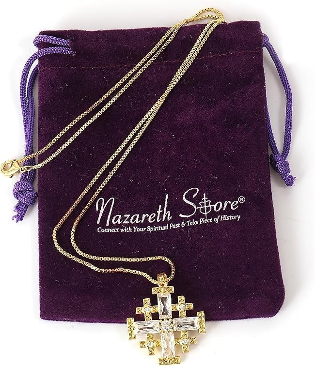 Nazareth Store 18k Yellow Gold Plated Crusaders Jerusalem Cross Pendant with Crystallized Topaz and 20" Necklace Chain - Image 7