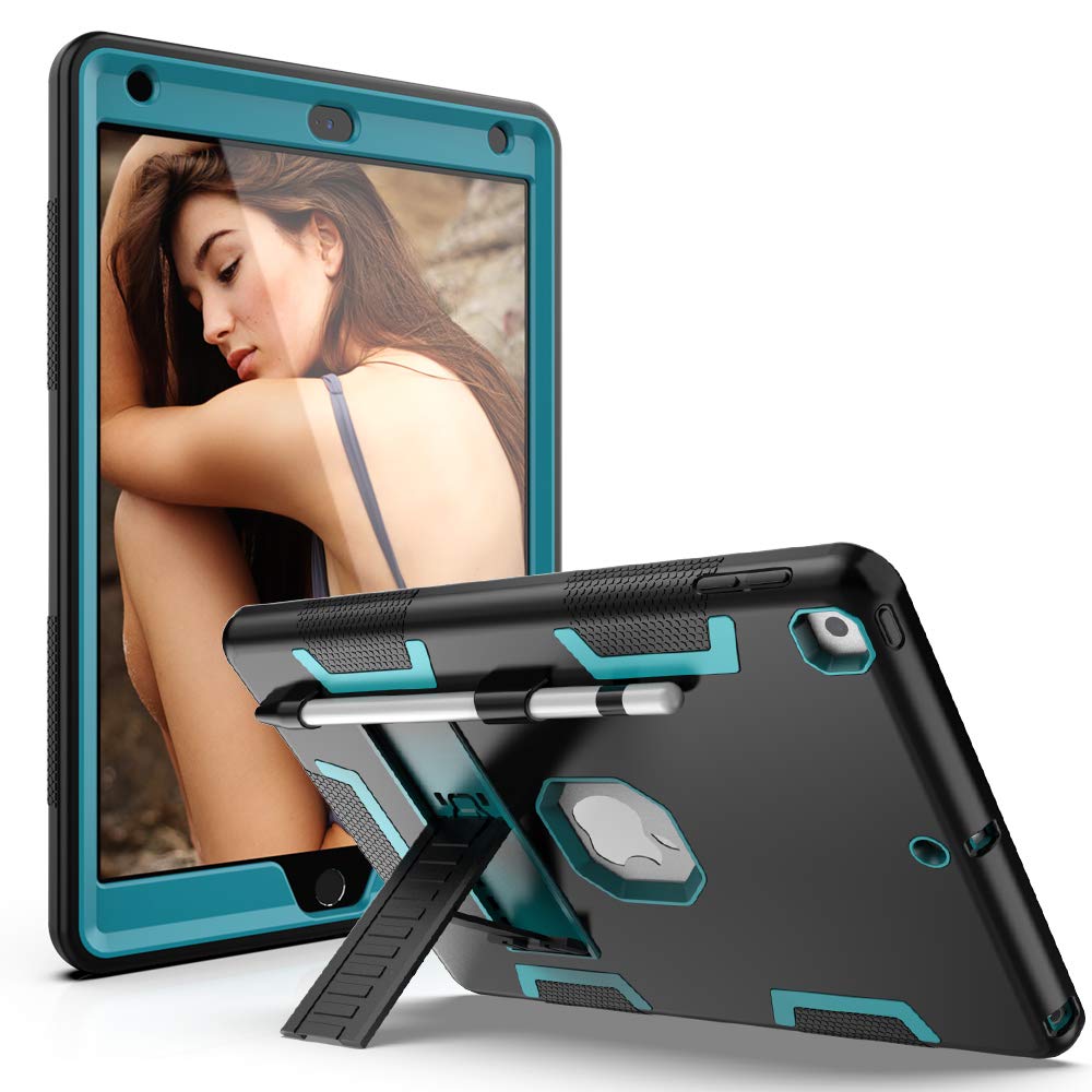 PBRO iPad 7th Generation Case,iPad 10.2 2019 [Pencil Holder] Shockproof Kickstand Three Layer Protective Anti-Scratch Rugged Hybrid Case for Apple iPad 7th Generation 10.2-inch 2019 Release.Black+Blue