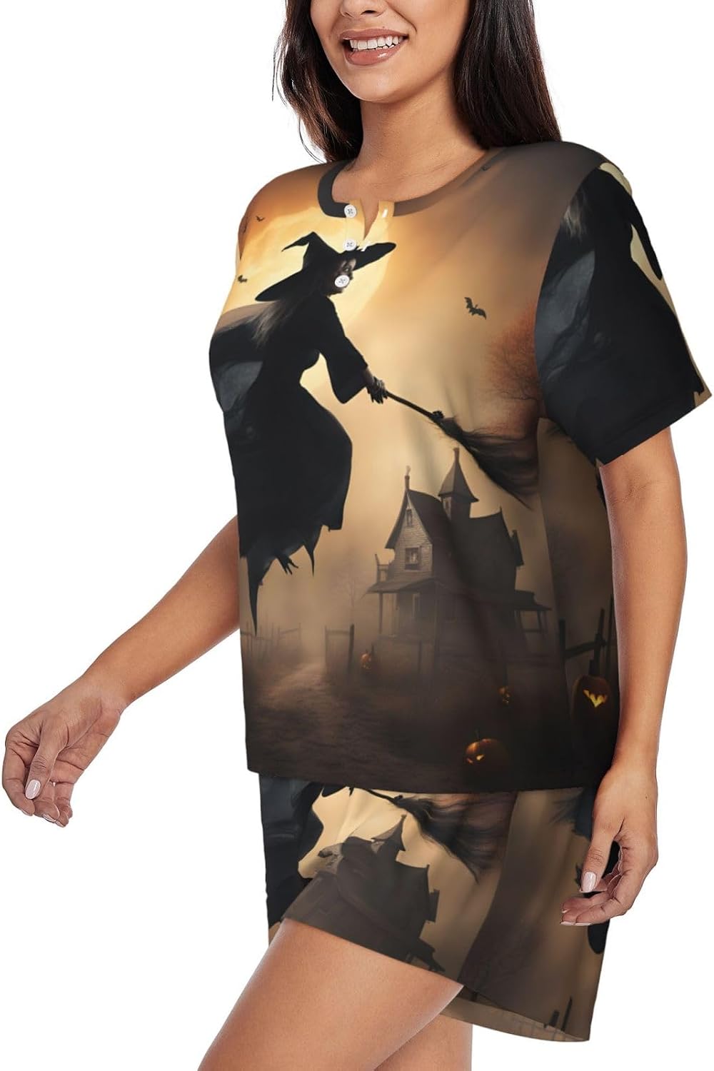 Women'S Halloween Witch Flying Print Pajamas Set,Womens Pj Sets For Summer,Loungewear Sets With Cooling Fabric