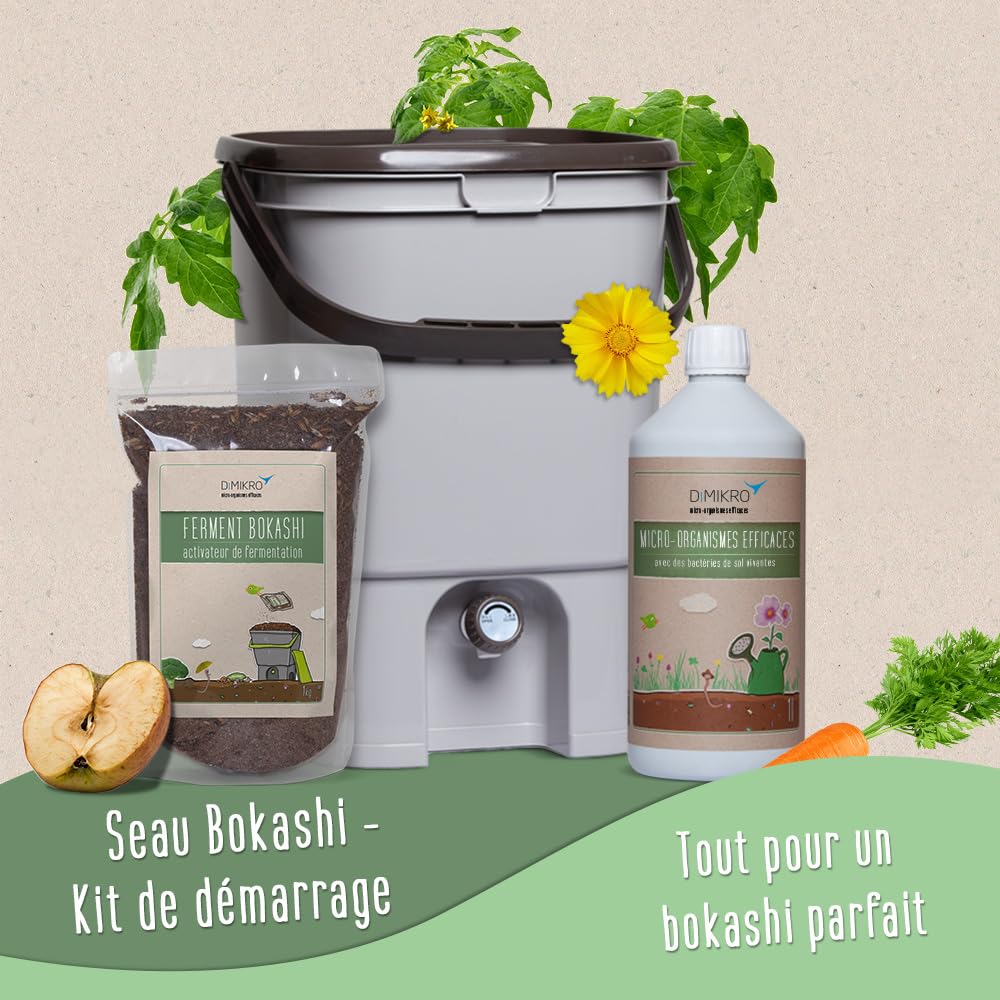 Kit de démarrage Bokashi - Design japonais - 2 seaux (gris) + ferment Bokashi + EM actif + brochure Bokashi