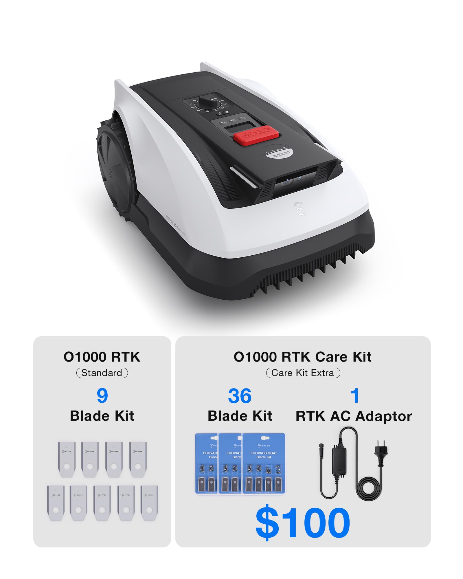 ECOVACS Goat O1000 RTK Care - Cortacésped robótico con navegación de precisión RTK, sin cable perimetral, control de aplicación inteligente, mapeo automático, gestión multizona, incluye 36 cuchillas