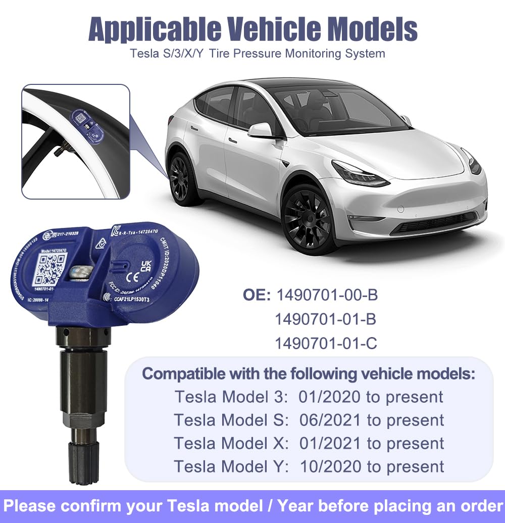 Tesla BLE Bluetooth TPMS Tire Pressure Monitoring Sensor OEM Replacement Sensors Fit for Tesla 2020 2021 2022 2023 2024 2025 Model 3 Y S X (4 Pcs)