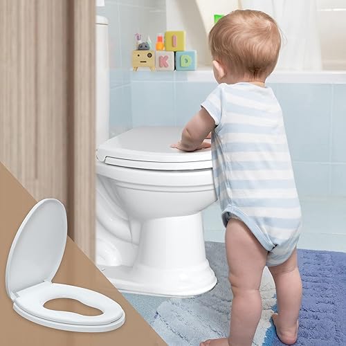 Miniatura 2 de R&T Asiento de inodoro alargado con asiento de entrenamiento para ir al baño integrado, asiento de cierre lento para niños y adultos, fácil de