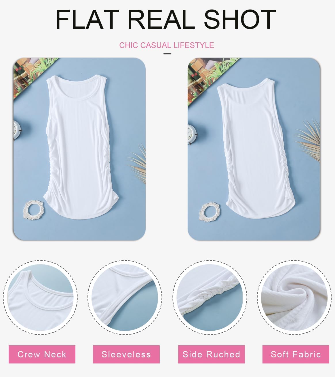 Dokotoo Womens Tank Tops Summer Sleeveless High Neck Ribbed Knit Slim Fitted Blouse Side Ruched Basic Tees Shirts - Image 5