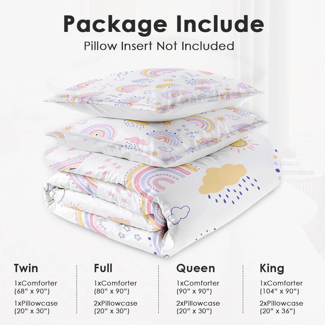 WeCozy Queen Size Comforter Set with 2 Pillowcases, Pink Rainbow Kids Nursery Soft 3 Pcs Bedding for Kids and Adults Bedroom Bed Decor