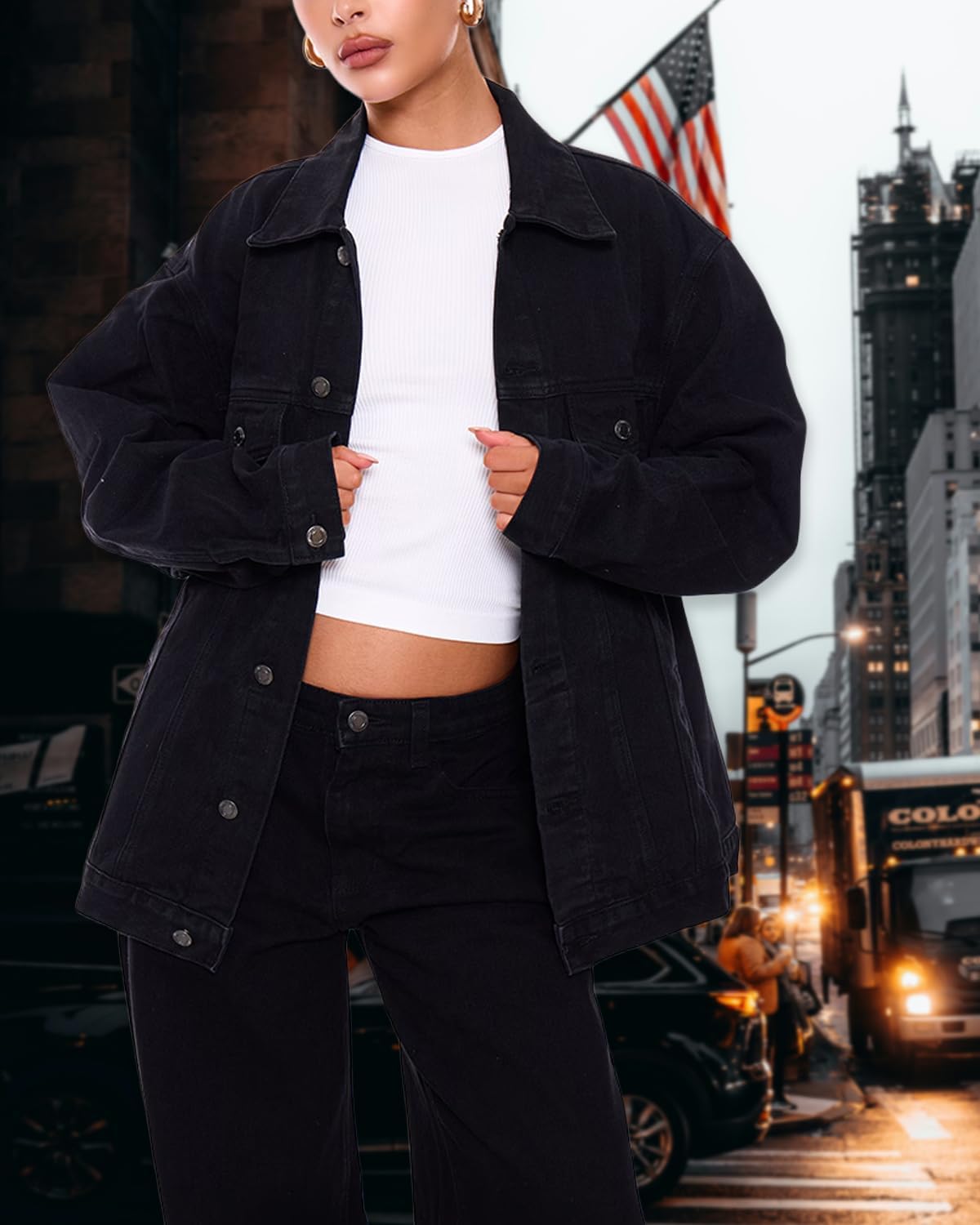 Women's Oversized Drop Shoulder Denim Jacket Distressed Ripped Casual Coat - Image 3