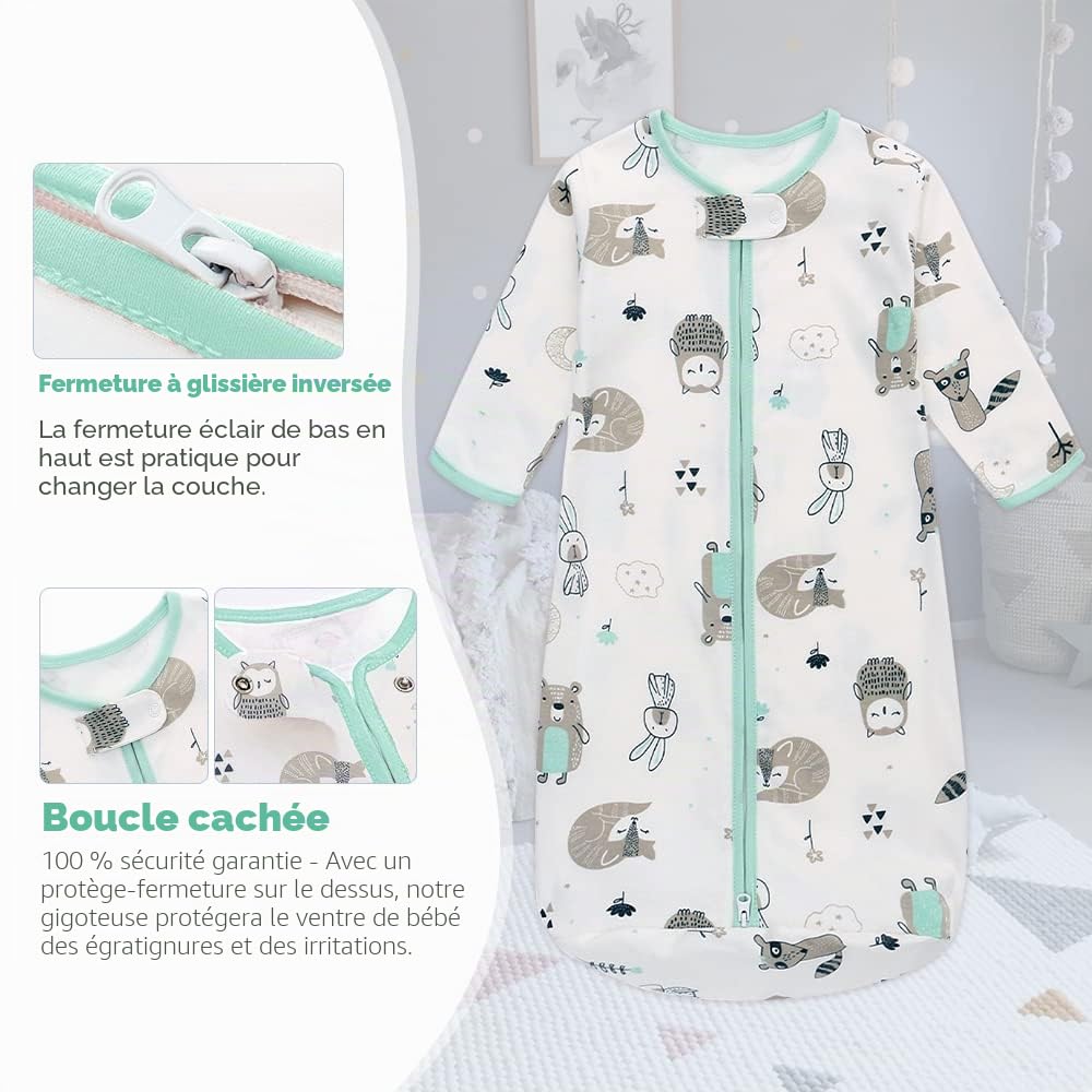Miracle Baby Lot de 2 gigoteuses pour bébé, portable, 100 % coton, à manches longues, pour tout-petit, de 0 à 18 mois, motif hibou lapin, taille M