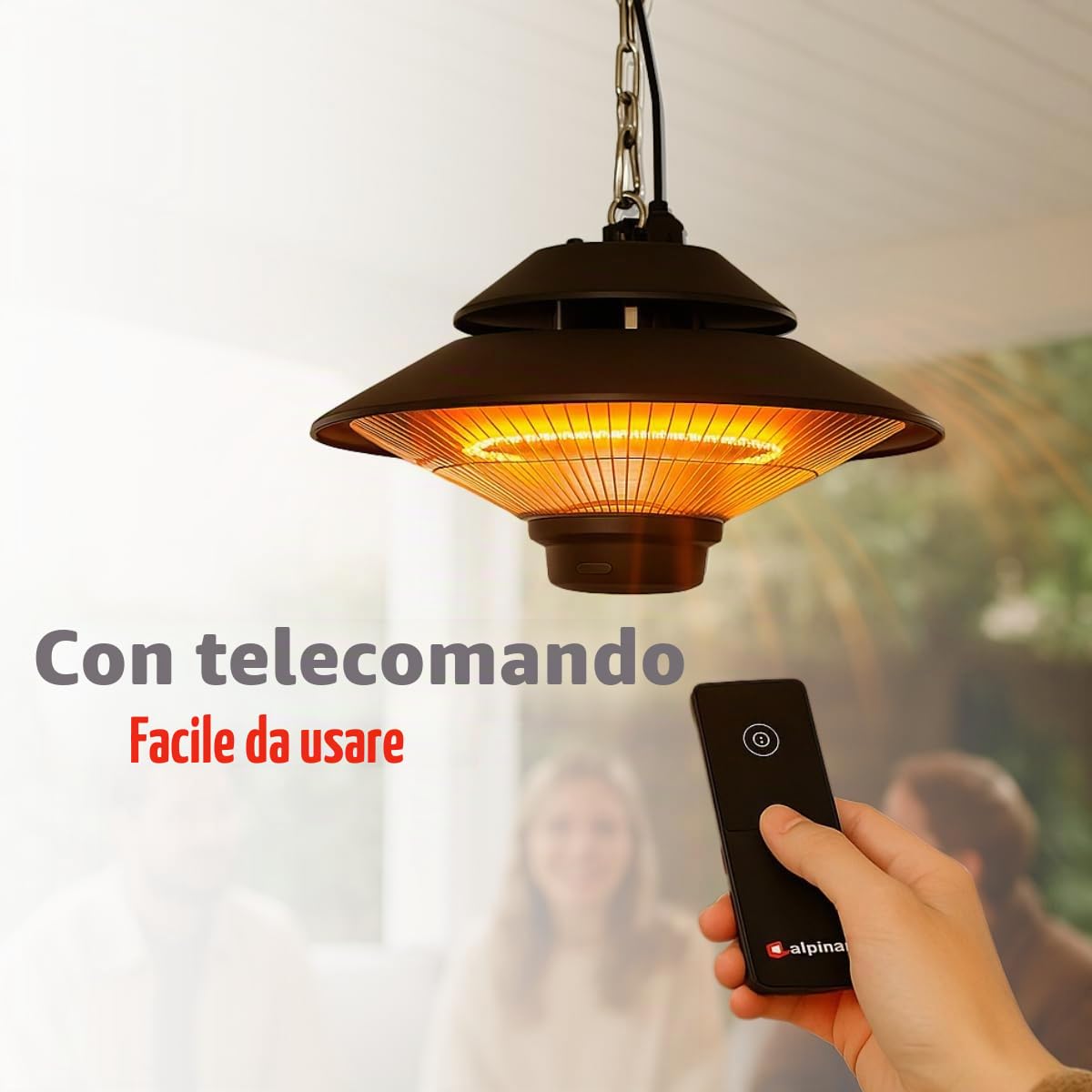ALPINA GS-1500 Riscaldatore a infrarossi 1500W per uso interno ed esterno con telecomando certificato IP44, montaggio a soffitto, diametro: 42,5 x 12,5 cm, nero