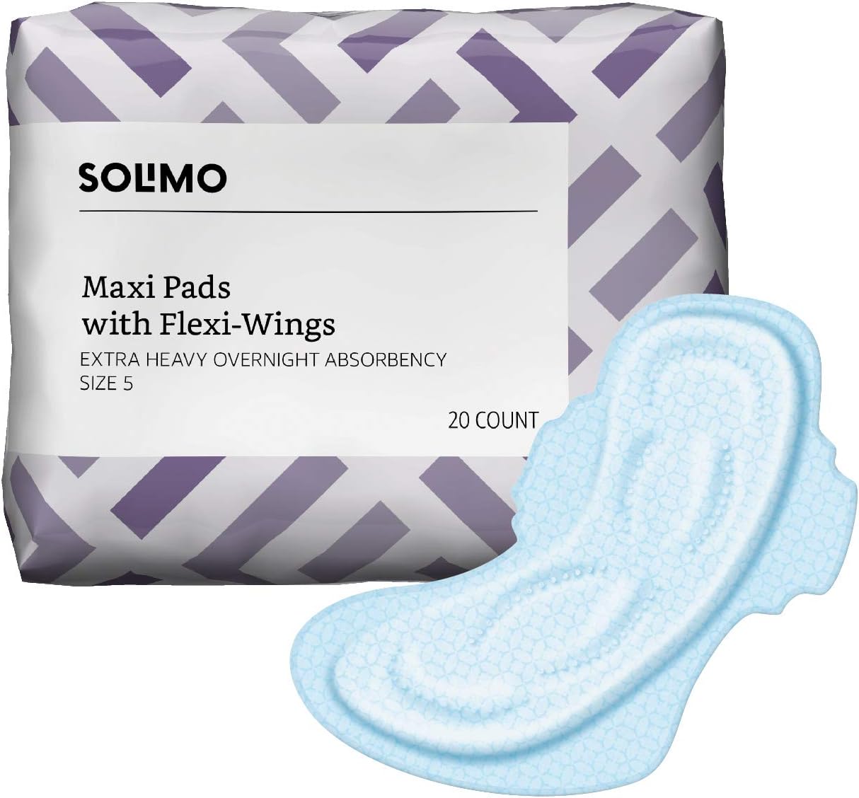 Amazon Brand - Solimo Maxi Pads with Flex-Wings, Extra Heavy Overnight Absorbency, Unscented, Size 5, 20 Count, 1 Pack