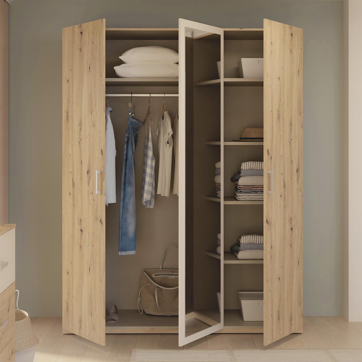 Meubletmoi Armoire Dressing/Penderie Décor Chêne et Sable Mat avec Miroir, 3 Portes Battantes et Poignées en Plastique Effet Aluminium - Design Contemporain - DODOMA