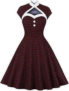 IWEMEK Women 50s Vintage Polka Dot Halter Cocktail Swing Dress Buttons Floral 1950s Rockabilly Audrey Hepburn Prom Tea Par...