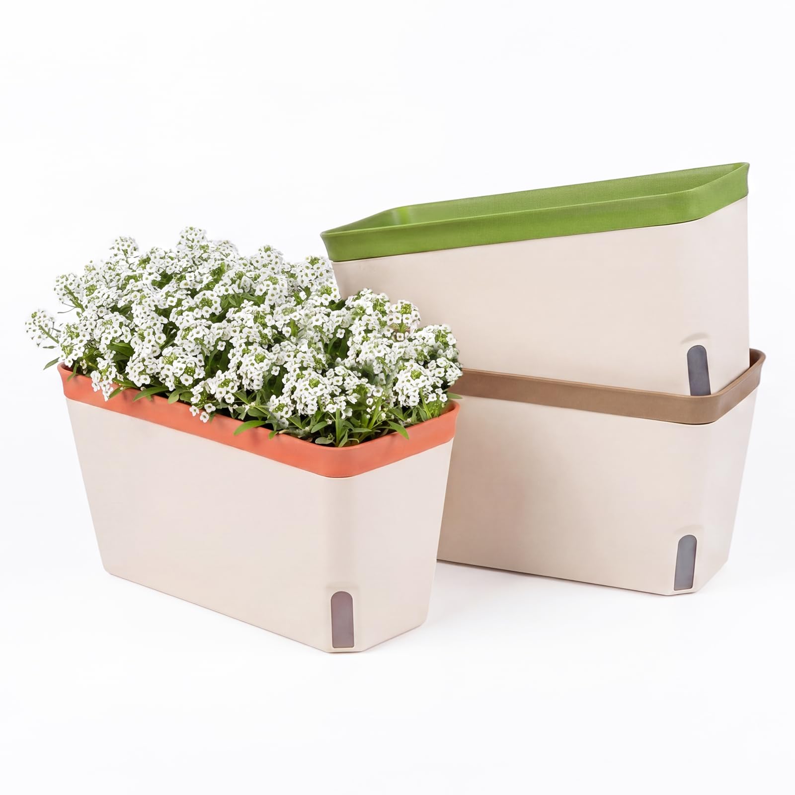 TOQUE 3 Pack Self Watering Indoor Plant Pots, 27cm Rectangular Herb Planter Box with Water Level Window, Window Sill Plastic Flower Pots, Indoor Outdoor Planters for Succulents & Flowers