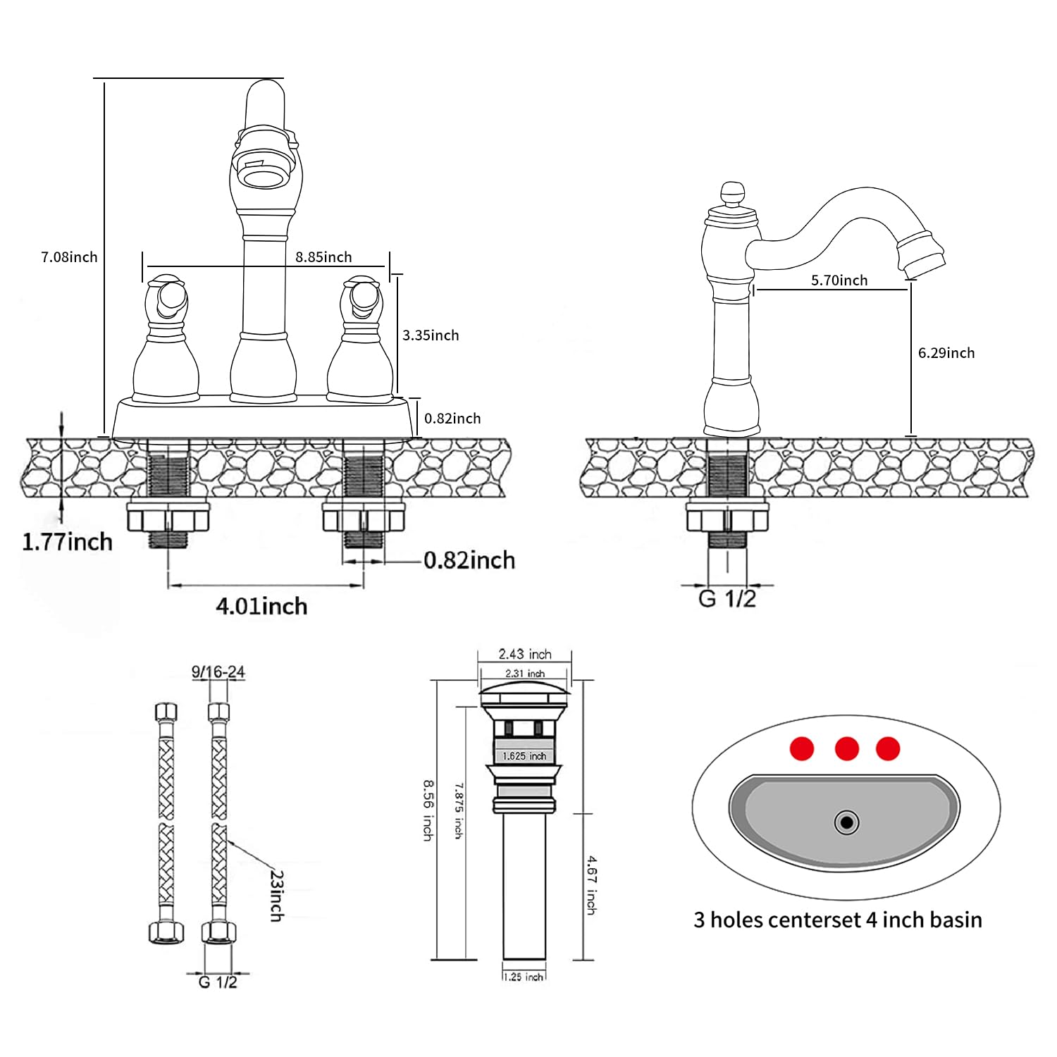 GGStudy Antique Brass Bathroom Faucet 2 Handles 4 Inches Centerset RV Bathroom Vanity Faucet with Drain Assembly and Supply Hose Lavatory Faucet