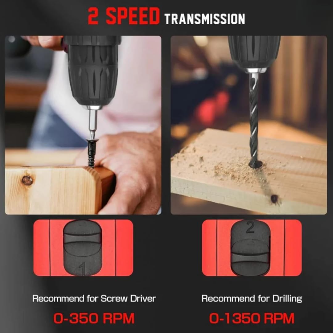 JPT Heavy-Duty 21V Impact Cordless Drill Machine | 28N.M Torque | 0-1350RPM Speed | 25+3 Gears Setting | 2 Speed Modes | Bright LED Light | Forward & Reverse | 2000mAh Battery | Fast Charger - Image 9 thumbnail