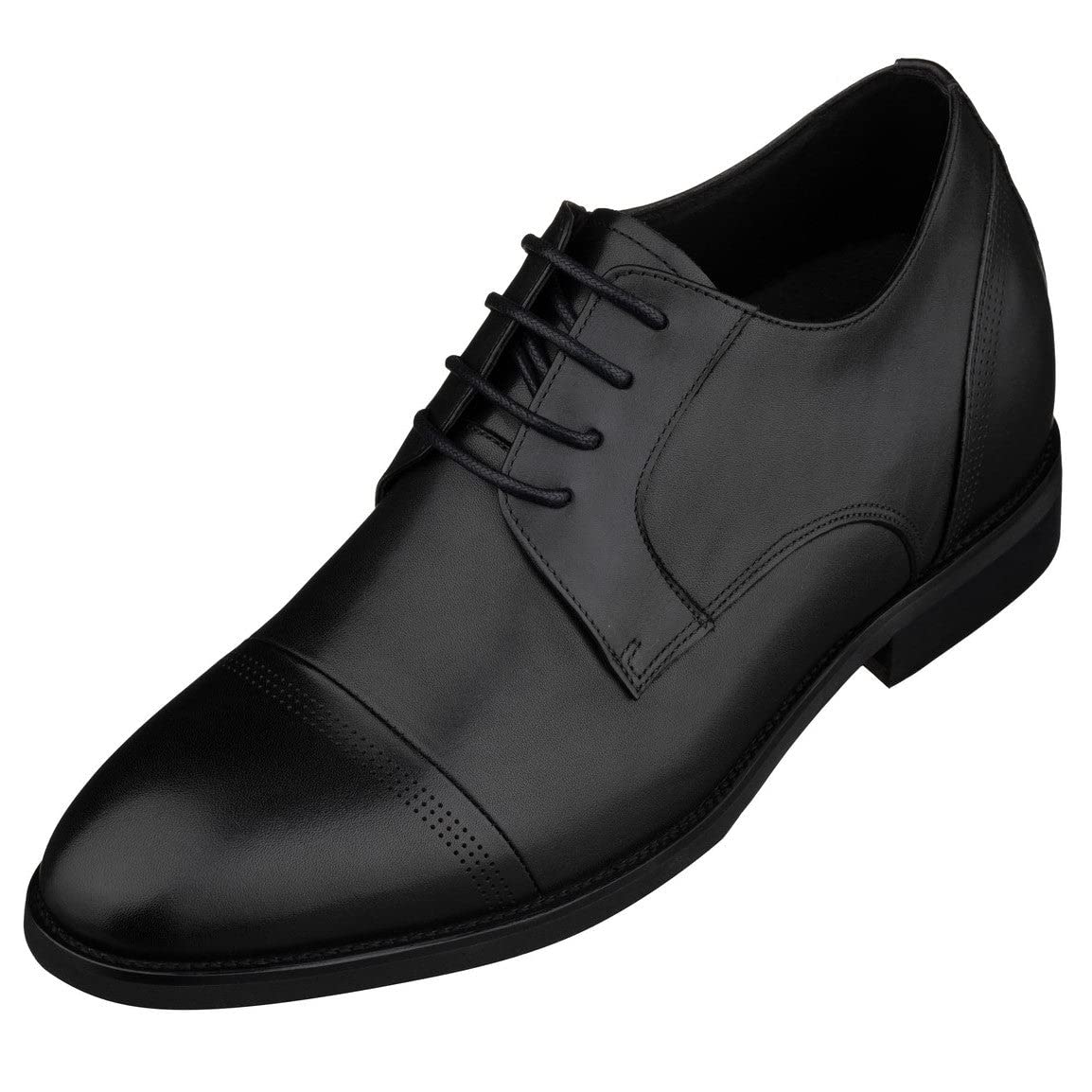TOTO Men's Invisible Height Increasing Elevator Shoes - Black Premium Leather Lace-up Micro-Perforated Formal Derby Oxfords - 2.8 Inches Taller -