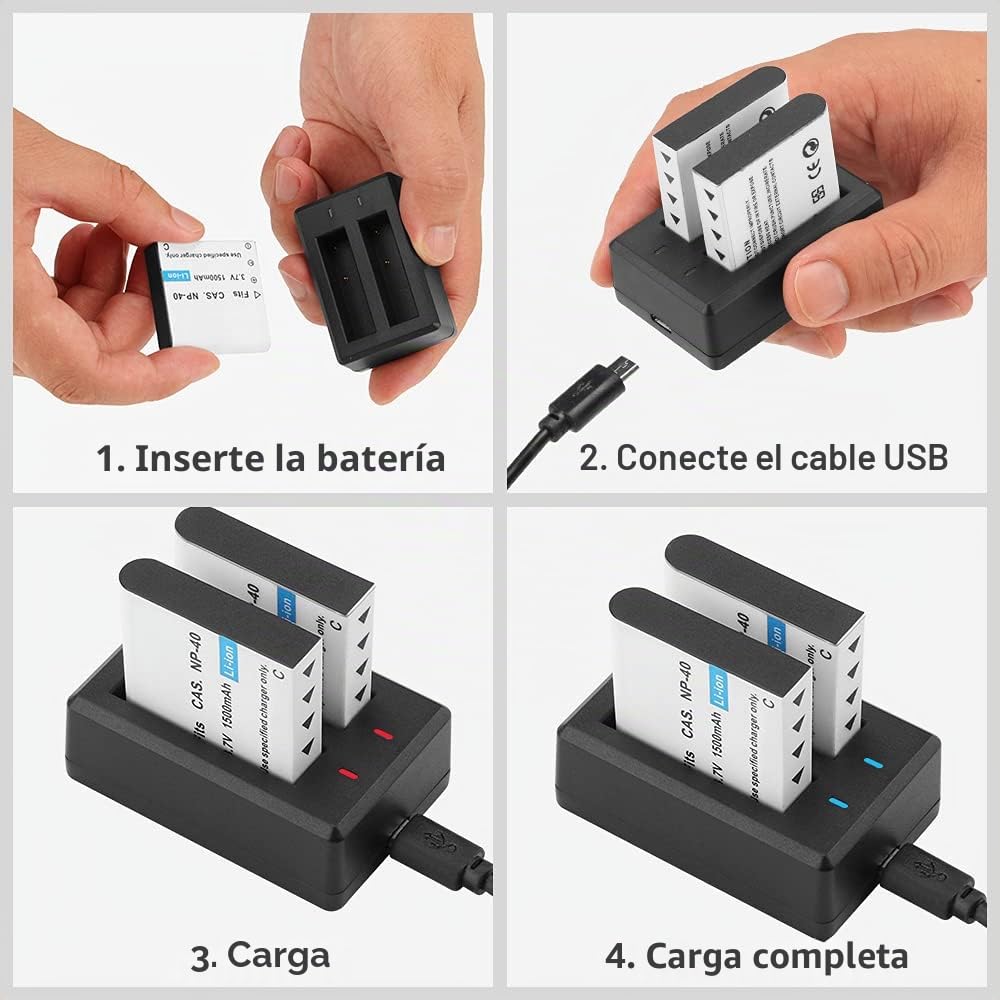 NP-40 Baterías Videocámaras, 1500mAh Pilas Recargables (Paquete de 3) con Cargador USB para Digital Camcorders, Cámara Vlogging, Compatible con Casio NP-40 (No con Fuji NP40)