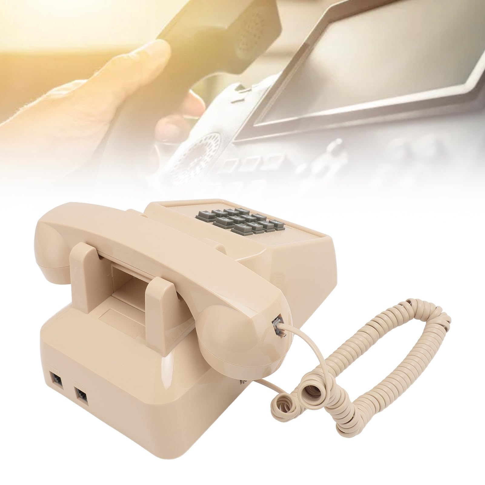 Teléfono con Cable Vintage, Teléfono Fijo Clásico Antiguo con Timbre Mecánico, Volumen Ajustable, Botón Grande, Teléfono de Escritorio Retro para el Hogar, Oficina, Escuela (Beige)