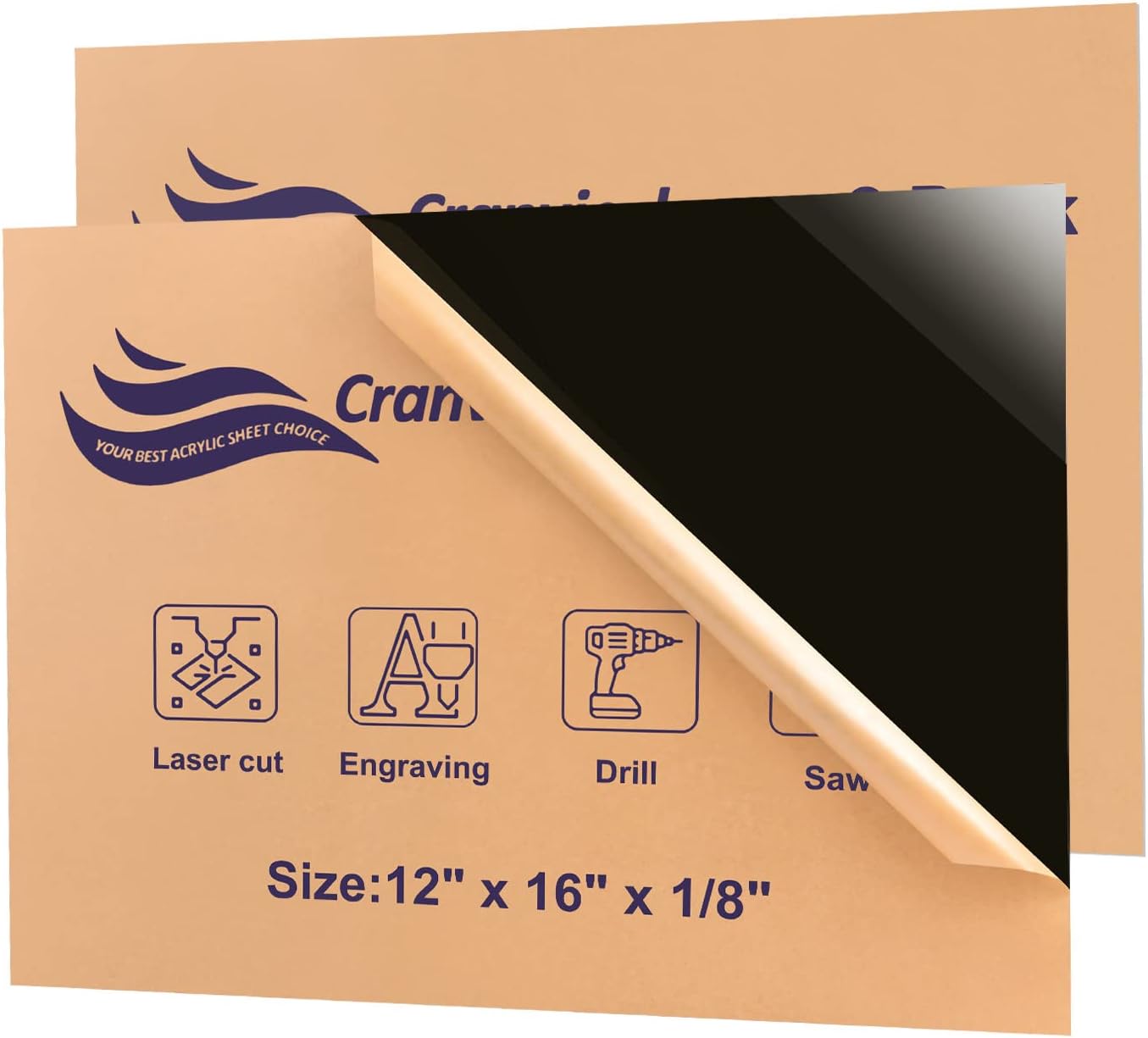 Acrylic Sheet 12" x 16" x 1/8", Cranviech 2 Pack Black Cast Plexiglass Sheets Glass Alternative for Sign DIY Display Projects Photo Frame Craft Handcraft Painting