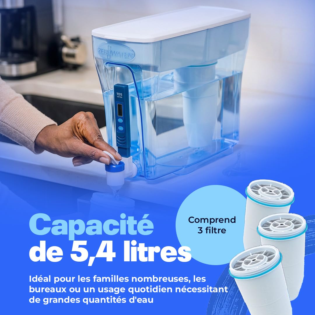 ZeroWater Kit de filtration d'eau 5,4 l avec 3 cartouches filtrantes et appareil de mesure de la qualité de l'eau, sans BPA, certifié NSF, idéal pour réduire le calcaire, le plomb et d'autres métaux