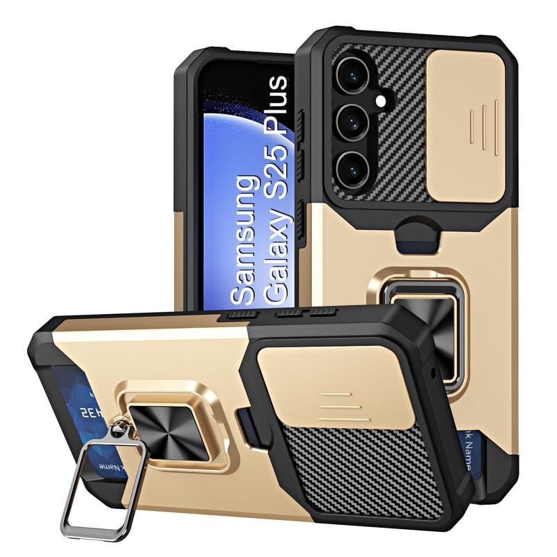 Image of LuxuryKase Shockproof Armor Case for Samsung Galaxy S25 Plus | Slide Camera Cover | Hidden Card Slot | Rotating Ring Kickstand | Magnetic Car Mount Support | Military Grade Protection - Gold