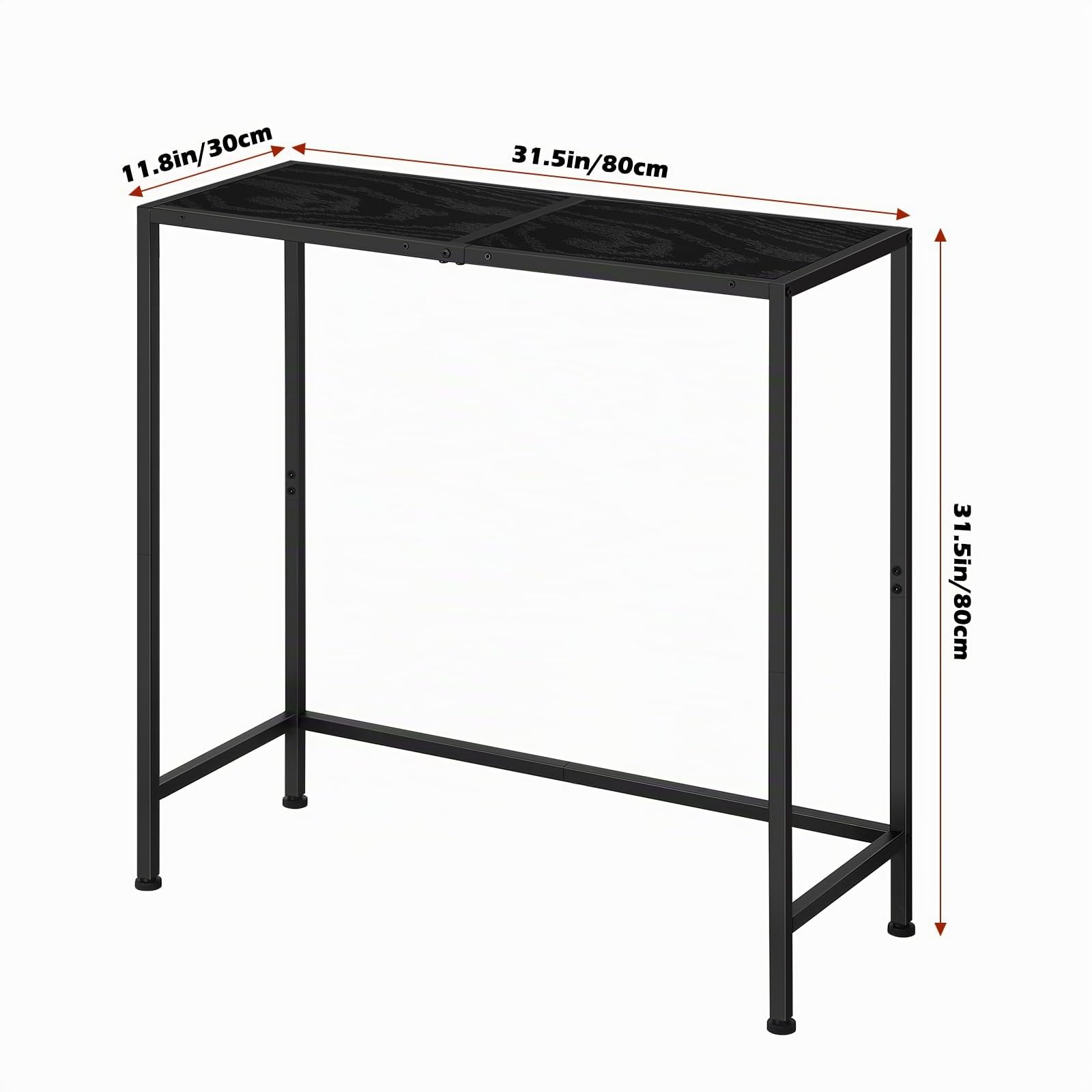 CADUKETavolo consolle nera moderna, ingresso con piano in legno, robusto telaio in acciaio, stretto per piccoli spazi, presentazione