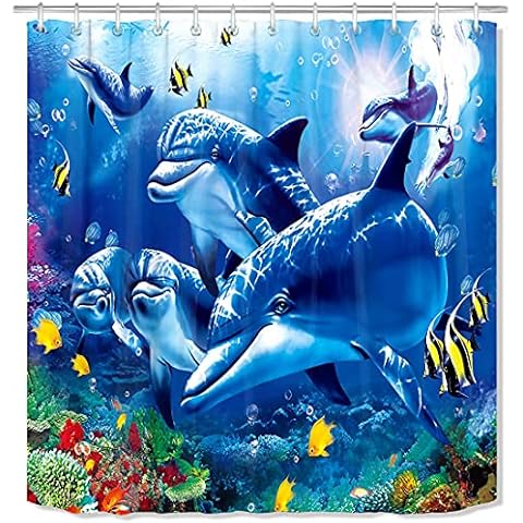 3D Underwater World Shower Curtain,Dolphin Colony Color Coral Waterproof Fabric Shower Curtain S/w 12 Hooks Watercolor Decorative Curtain Modern Bathroom Accessories Shower Custom 72 x 72 inch Cover