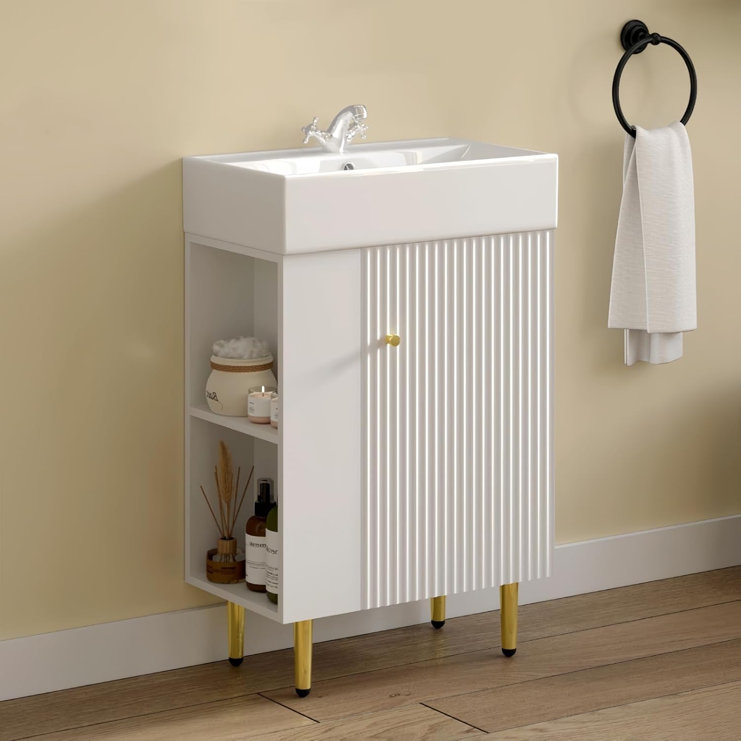21.6" Bathroom Vanity with Sink, Vanities with Square Ceramic Sink Top and Left Side Storage, Combo Stand Storage Cabinet Set for Small Bathroom (White)