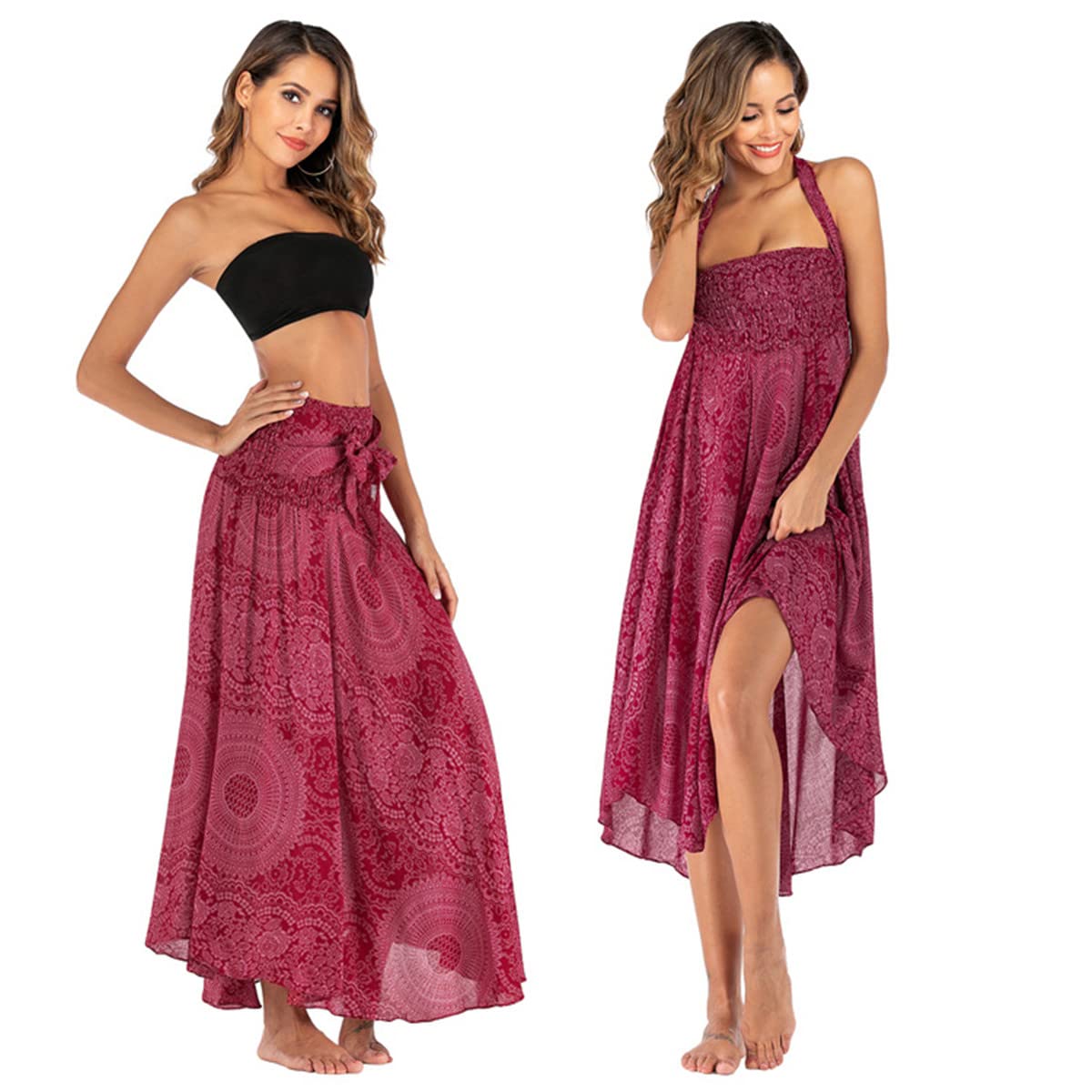 Jupe Longue 2 En 1 Robe Bohème Femme - Jupe Plage Taille Haute Fluide Été - Taille Unique