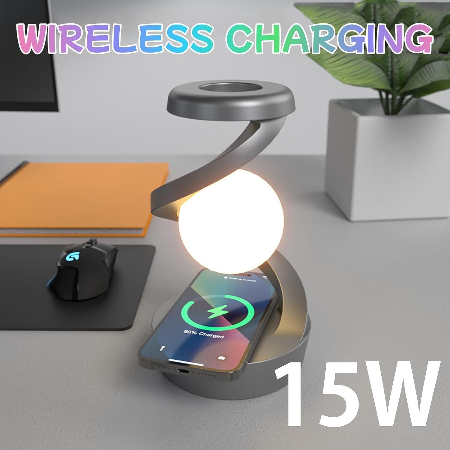Lampada da Comodino LED Senza Fili con Sensore, Lampada da Tavolo a Spirale Ricaricabile con Caricatore Wireless, RGB Lampada a Levitazione Magnetica Rotante per Camera da Letto Salotto Ufficio,Nero